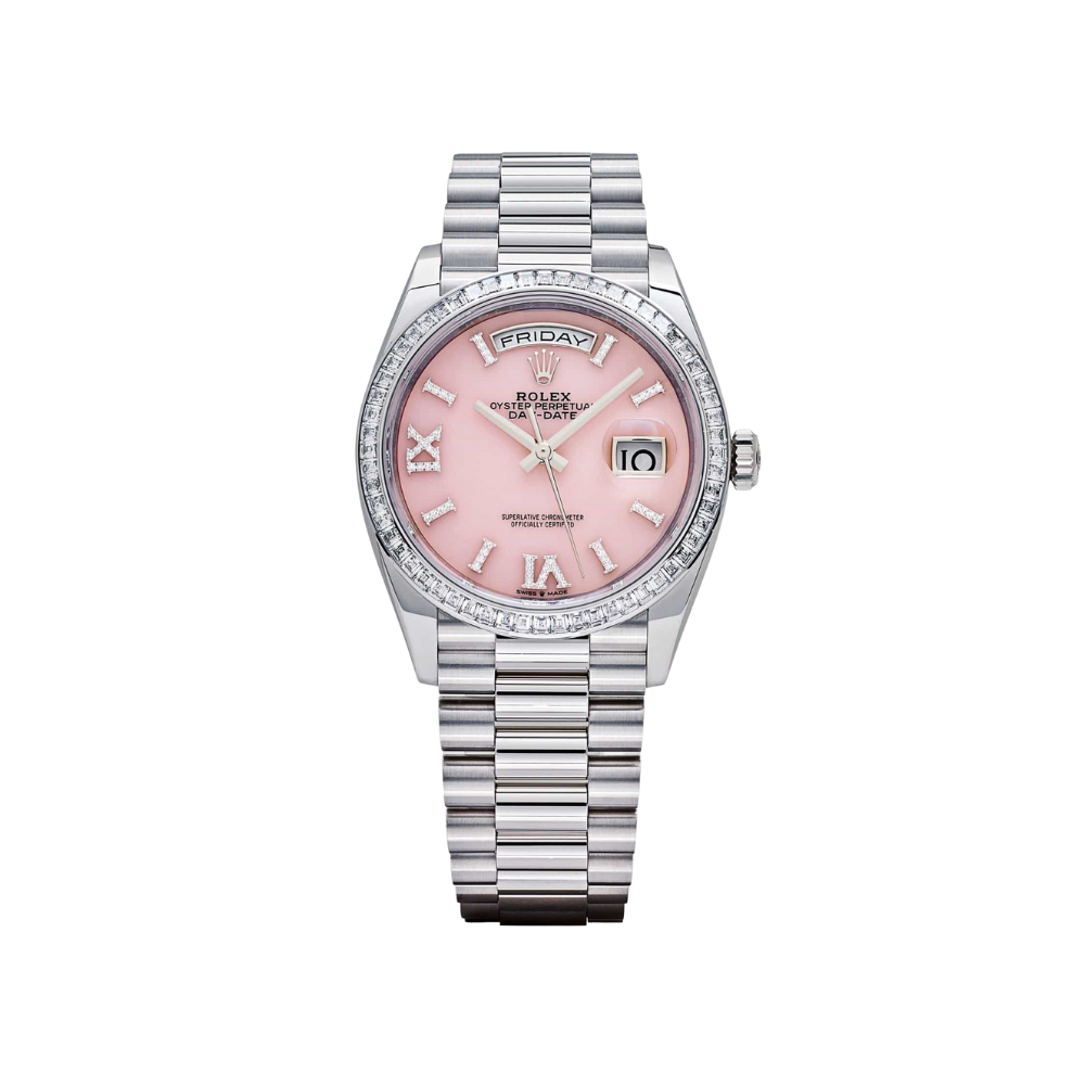 Rolex Day-Date 36 128396TBR Platinum Pink Opal Diamond Dial and Bezel