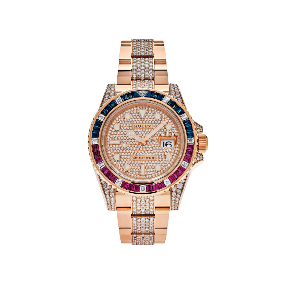 Rolex GMT-Master II 126755SARU Rose Gold Sapphire and Ruby Diamond Pave
