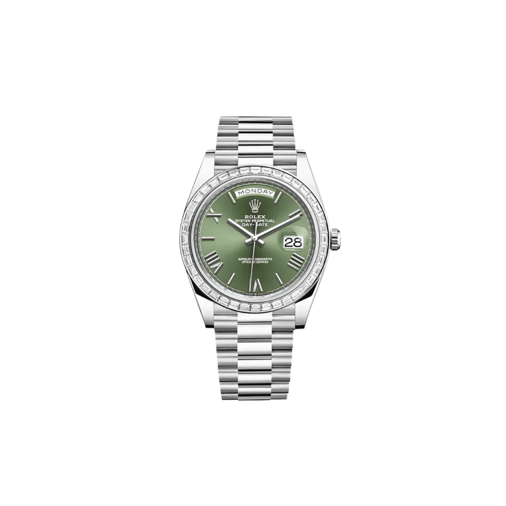 Rolex Day-Date 40 228396TBR Platinum Olive Green Dial Diamond Bezel